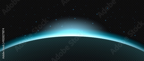 Blue horizon of the planet with soft neon light effect. Sunlight rises over the edge of the planet. Solar or lunar eclipse, earth silhouette in outer space. Vector illustration.