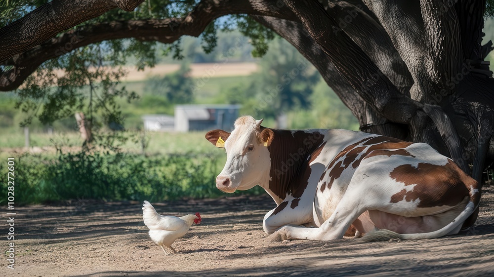 Brown and White Cow Lying Under a Tree with Chicken Nearby in Rural Setting Brown and White Cow Lying Under a Tree with Chicken Nearby in Rural Setting