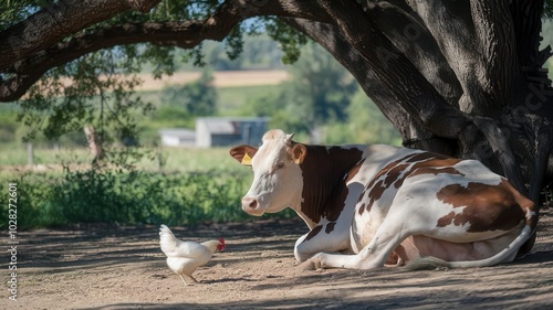 Brown and White Cow Lying Under a Tree with Chicken Nearby in Rural Setting