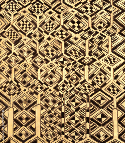  intricate geometric pattern carved on a gold-colored surface, creating a textured and visually appealing design.