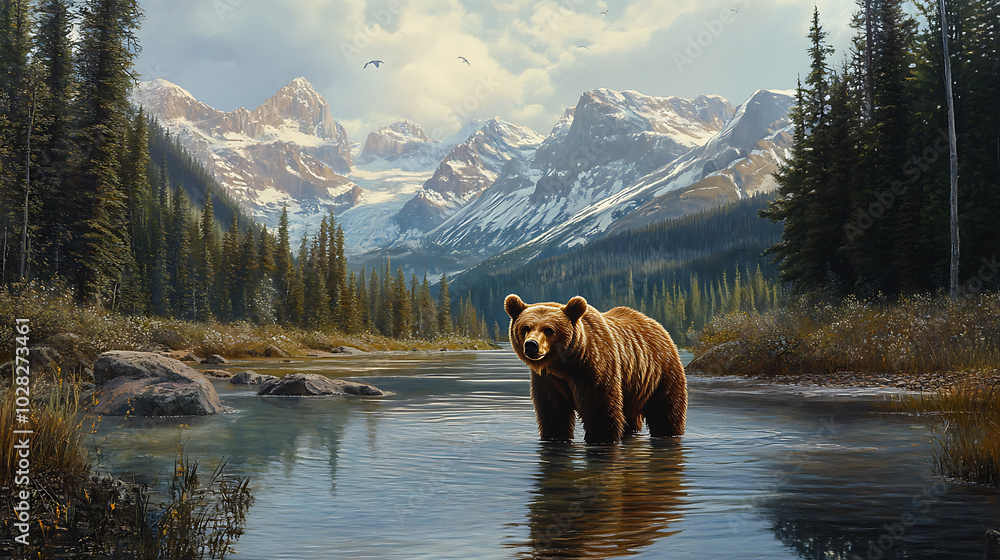 Grizzly bear in the middle of the lake. 3D rendering Grizzly bear in the middle of the lake. 3D rendering