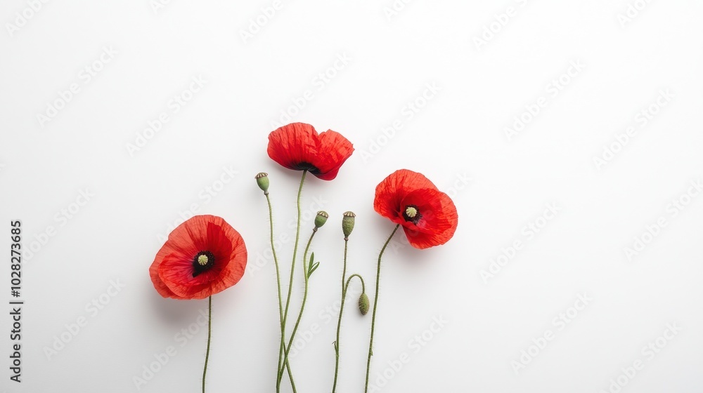 Naklejka premium Three Red Poppies on White Background