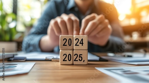 Close up of wooden blocks with 2024 and 2025 on a desk with a blurry person in the background.