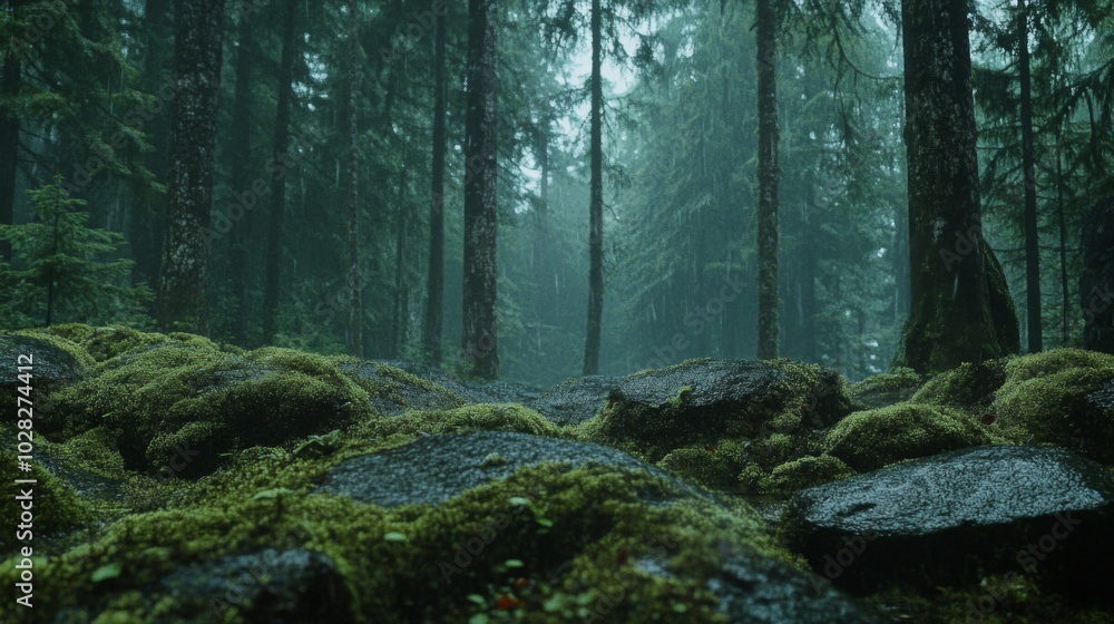 Mossy Forest Floor with Rain and Tall Trees Mossy Forest Floor with Rain and Tall Trees
