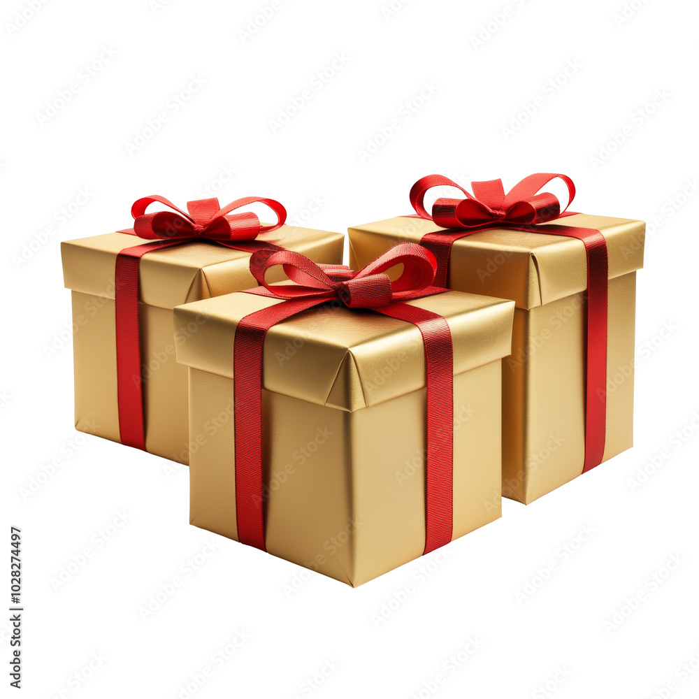 Fototapeta premium Golden Gift Boxes with Red Ribbons - Gift Ideas and Wrapping