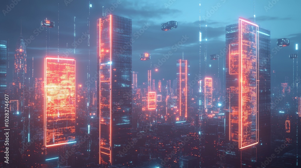Futuristic Cybernetic Cityscape with Neon Digital Skyscrapers Futuristic Cybernetic Cityscape with Neon Digital Skyscrapers