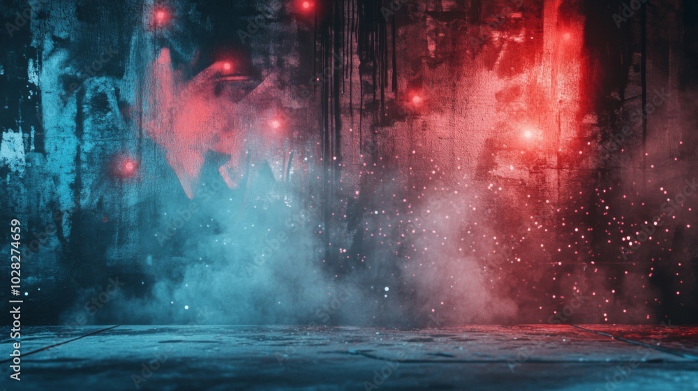 Obraz premium Grungy Wall With Red Lights, Smoke, and Fog