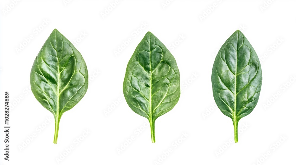 Three Fresh Spinach Leaves on White Background Three Fresh Spinach Leaves on White Background