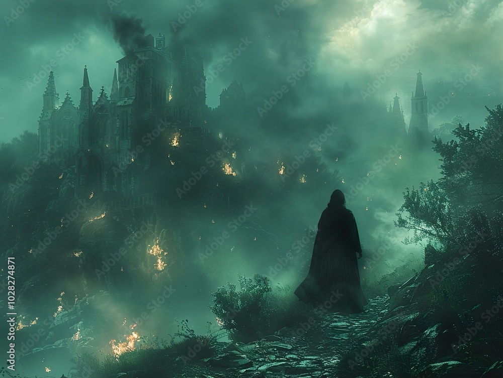 A Lonely Figure Walks Towards a Burning Castle in the Mist