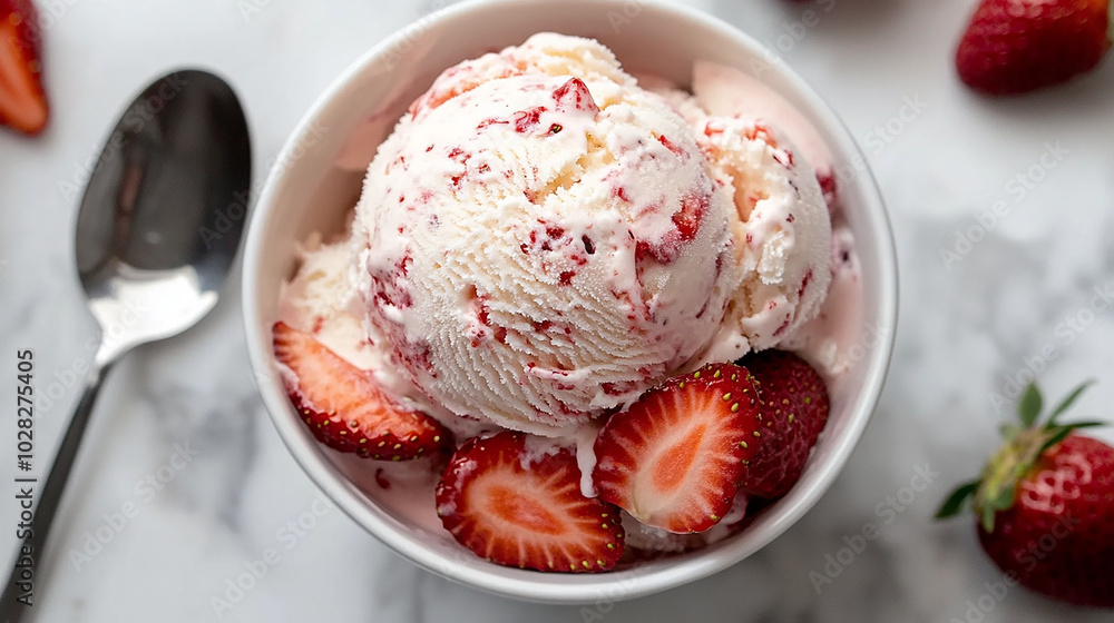 Creamy strawberry ice cream in a bowl topped with Creamy strawberry ice cream in a bowl topped with