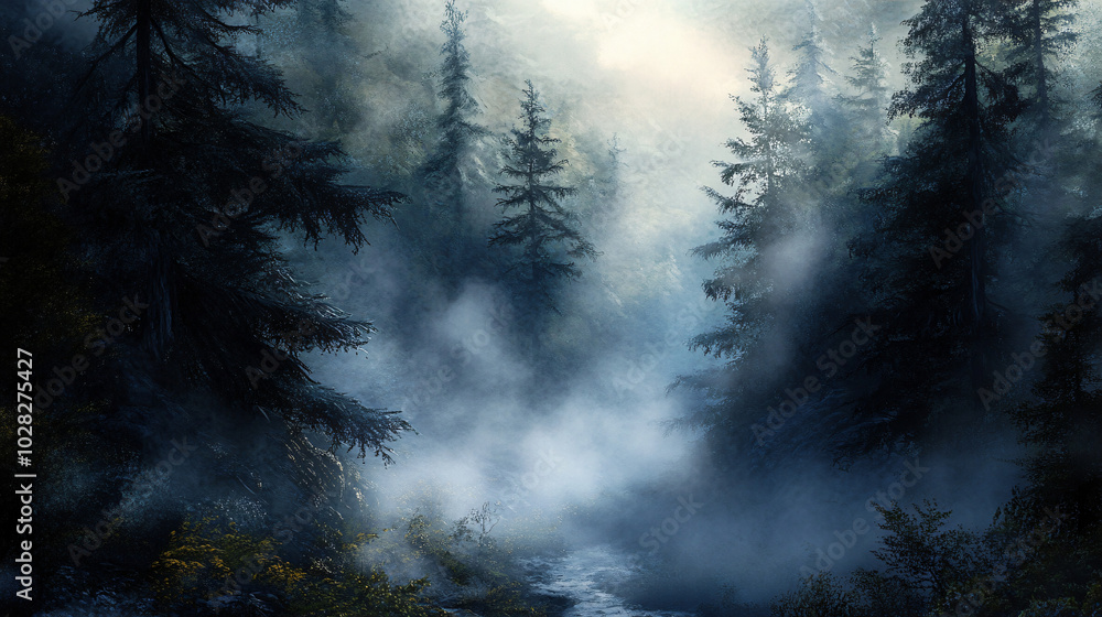 A dense fog enveloping a forest, creating an eerie yet captivating scene. A dense fog enveloping a forest, creating an eerie yet captivating scene.