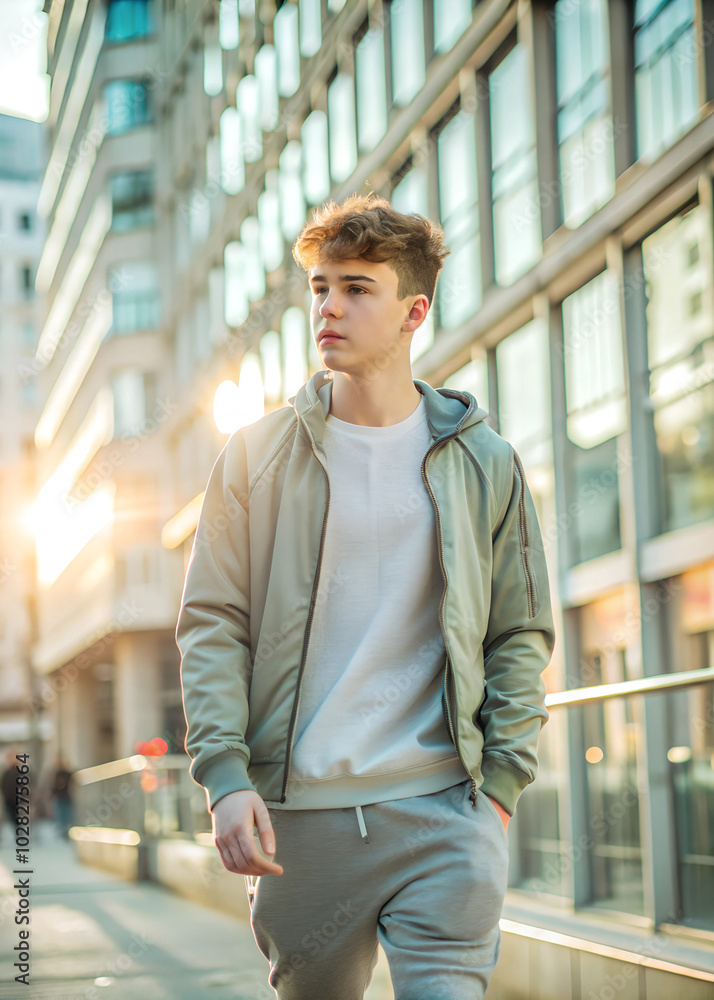 Fototapeta premium A teenage boy walking around a city
