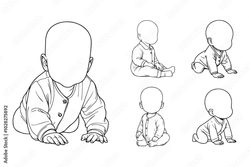 A hand-drawn clipart shows an adorable baby in playful poses A hand-drawn clipart shows an adorable baby in playful poses