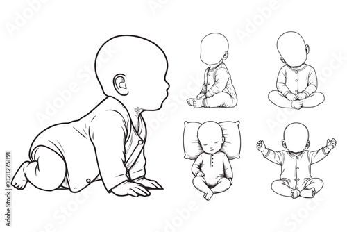 Line art features a happy, cute baby wearing clothes with buttons