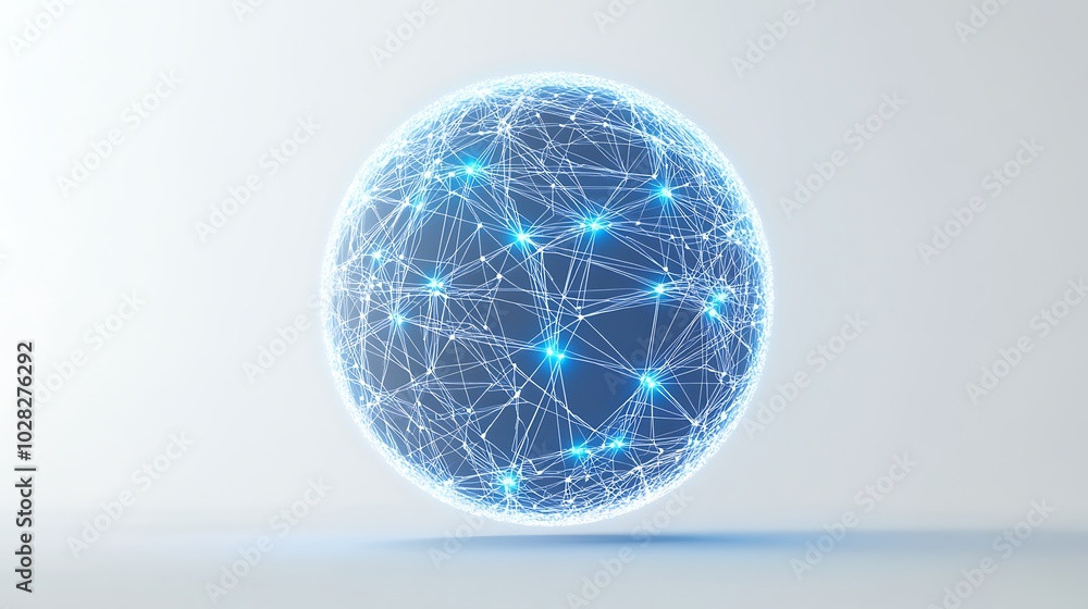 A sphere, dark gray with light blue lines and glowing points, creating a network design.

