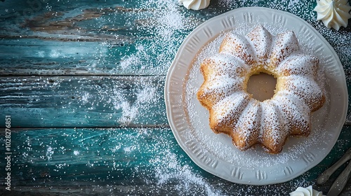 Cake Kouglof on a white plate Turquoise background Traditional dessert : Generative AI photo