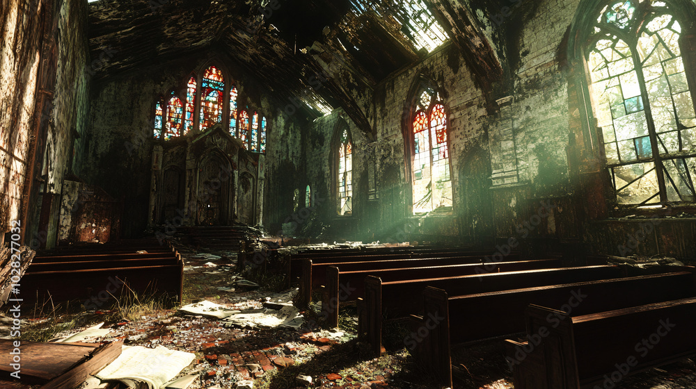 A decrepit church with broken stained glass and eerie shadows. A decrepit church with broken stained glass and eerie shadows.