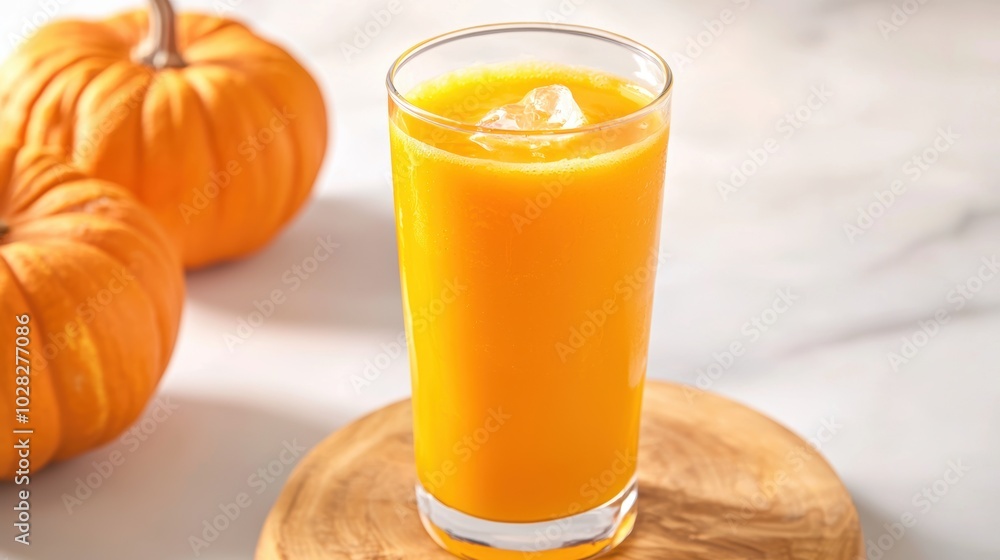 A refreshing glass of pumpkin juice with ice, perfect for Halloween, accompanied by festive pumpkins on a light background A refreshing glass of pumpkin juice with ice, perfect for Halloween, accompanied by festive pumpkins on a light background