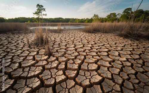 A close-up photo of Severely dry wetland swamp and pond leading to cracked soil crust due to drought depicting the impacts of climate change and environmental disaster on the 