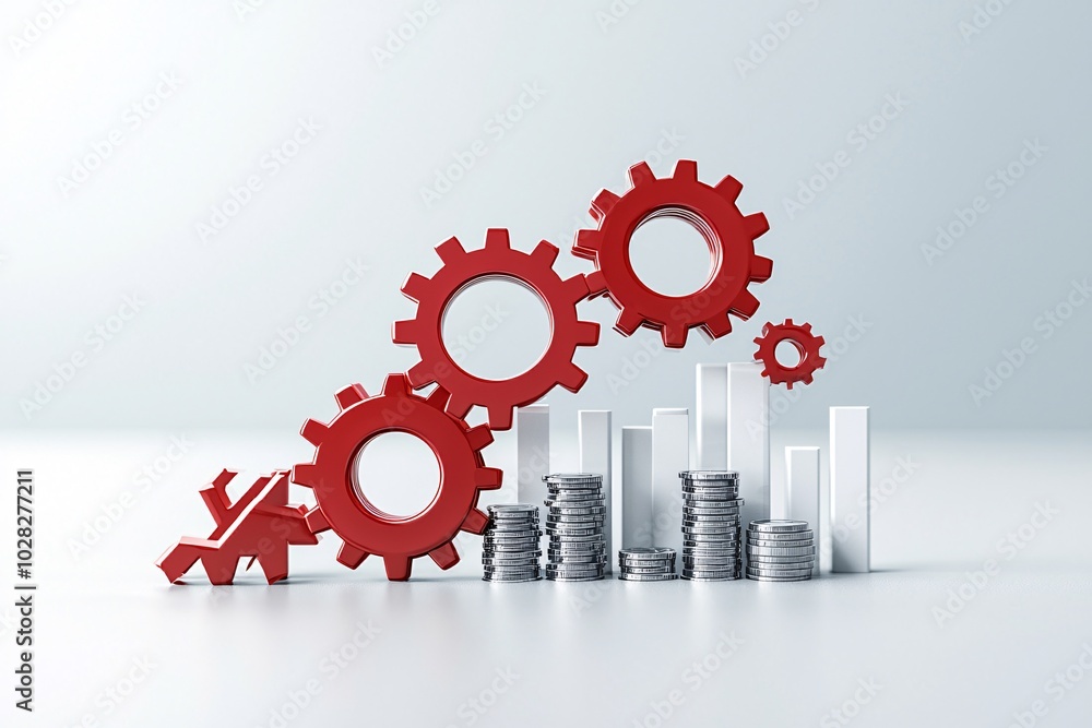 Gears of an economy slowing down with a falling interest rate symbol, metaphor for economic slowdown Gears of an economy slowing down with a falling interest rate symbol, metaphor for economic slowdown