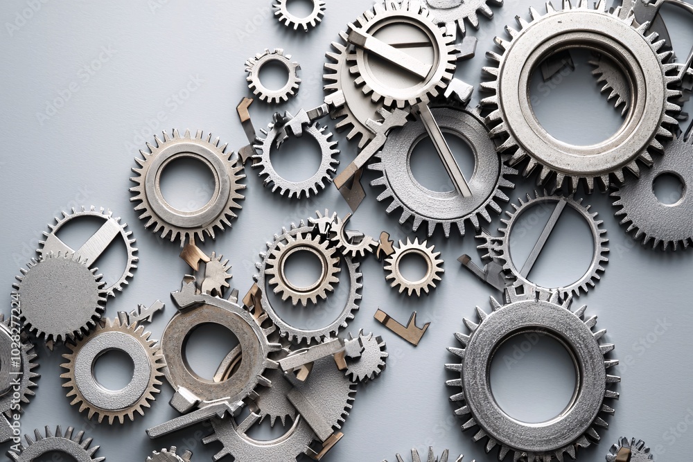 Gears of an economy slowing down with a falling interest rate symbol, metaphor for economic slowdown Gears of an economy slowing down with a falling interest rate symbol, metaphor for economic slowdown