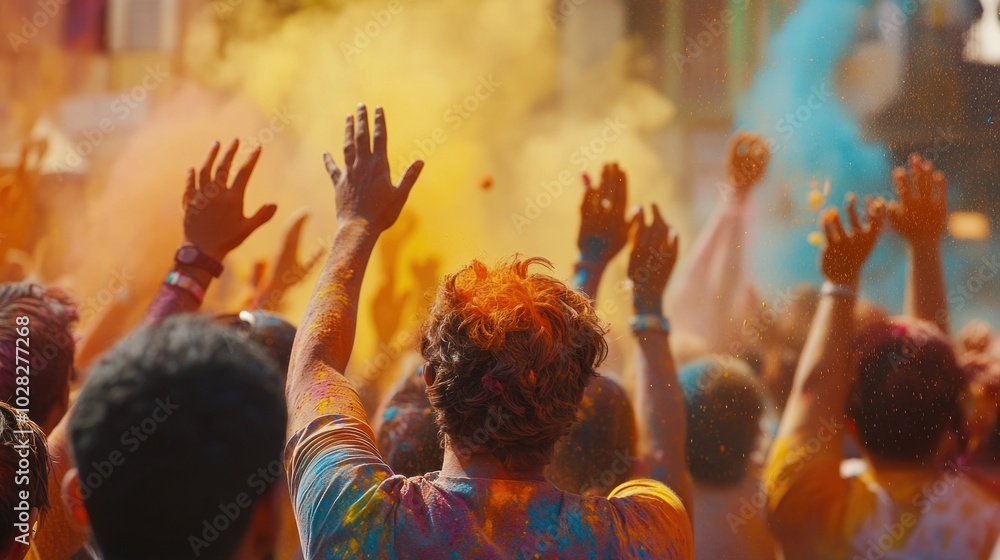 Colorful celebration with people raising hands amidst vibrant powder during a festival. Colorful celebration with people raising hands amidst vibrant powder during a festival.