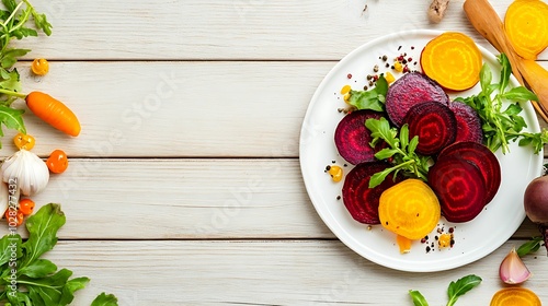 Top view of a vibrant salad made with sliced red and yellow beets, fresh arugula, and garnished with garlic and pepper on a white plate. photo