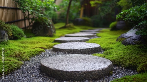 Stone Path Through Lush Green Mossy Garden