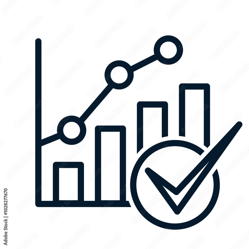 Chart, check mark. Concept of increasing result, successful business plan. Vector linear icon isolated on white background. Chart, check mark. Concept of increasing result, successful business plan. Vector linear icon isolated on white background.