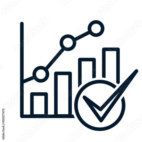 Chart, check mark. Concept of increasing result, successful business plan. Vector linear icon isolated on white background.