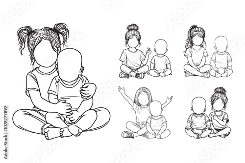 Line Art Cute Baby Bald Head and Child Sister Sitting Pose Art Black and White Illustration Hand Drawn Clipart