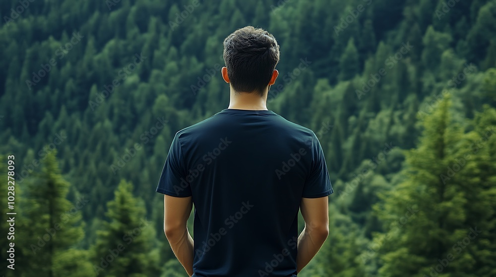 Fototapeta premium A person in a dark shirt stands in a lush forest, looking out at the trees.