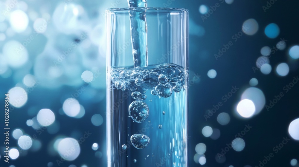 Water Pouring into Glass with Bubbles and Bokeh Background Water Pouring into Glass with Bubbles and Bokeh Background