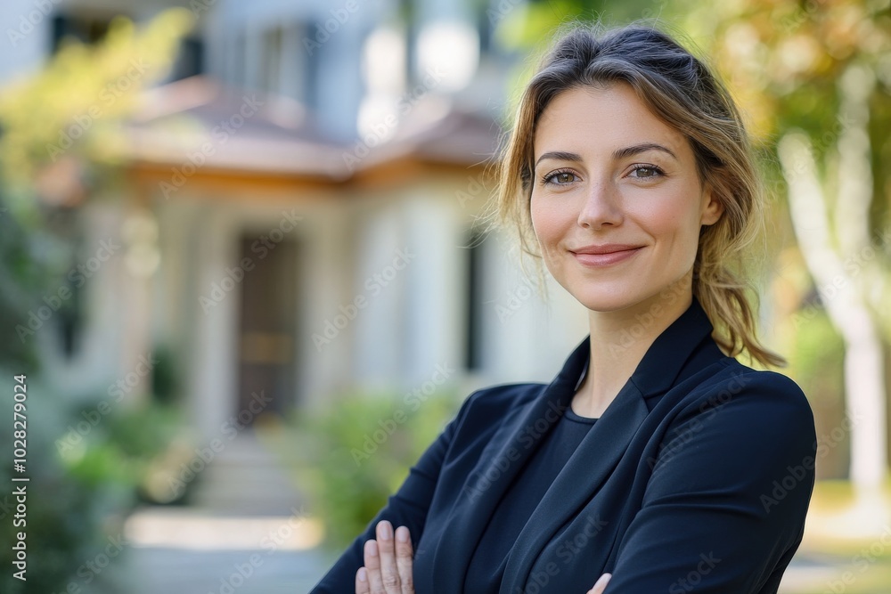 Woman Real Estate Agent: Attractive Businesswoman with Bungalow House in Background Woman Real Estate Agent: Attractive Businesswoman with Bungalow House in Background
