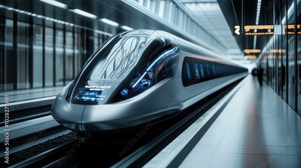 A futuristic train design waiting at a sleek, modern station. A futuristic train design waiting at a sleek, modern station.