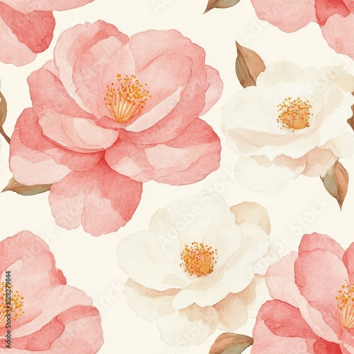 Pink and White Camellia Floral Watercolor Pattern
