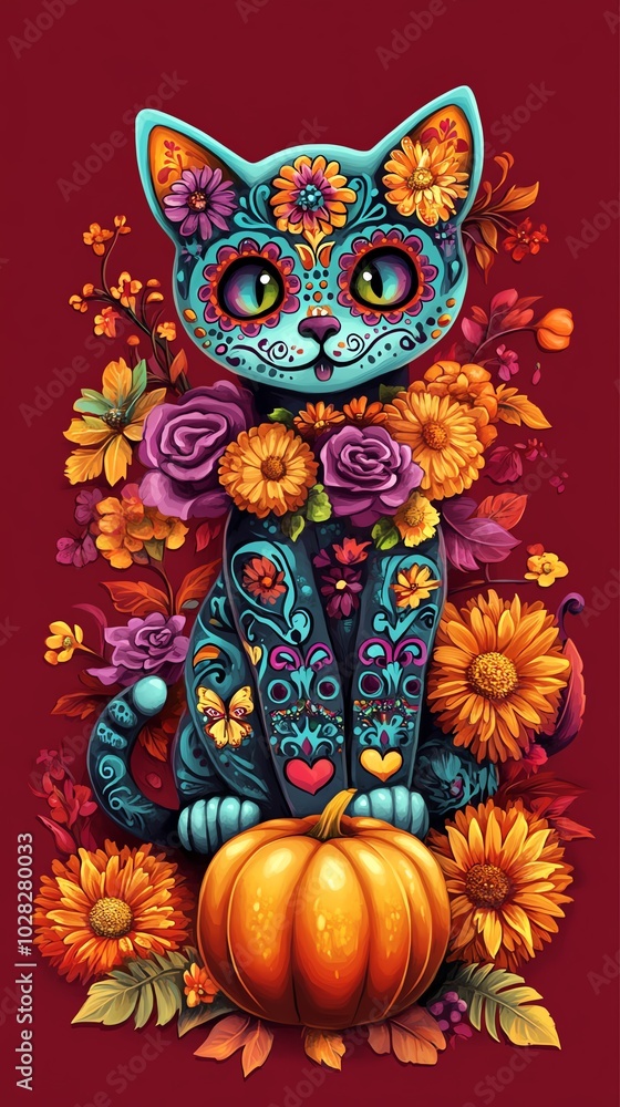 Colorful cat with flowers and pumpkin Colorful cat with flowers and pumpkin
