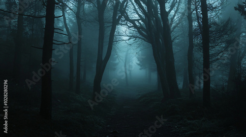 A dark forest shrouded in mist, rumored to be haunted by lost souls.