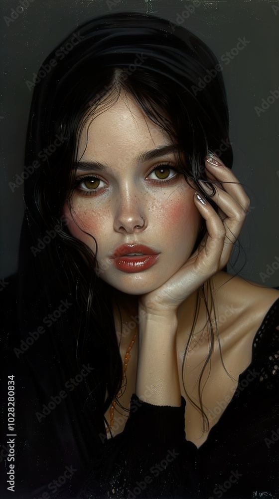 Portrait of a Woman with Long Black Hair and Freckles Portrait of a Woman with Long Black Hair and Freckles