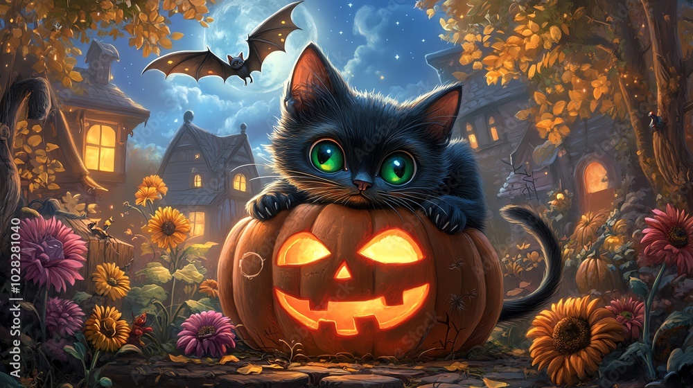 Black cat on Halloween pumpkin, whimsical scene Black cat on Halloween pumpkin, whimsical scene
