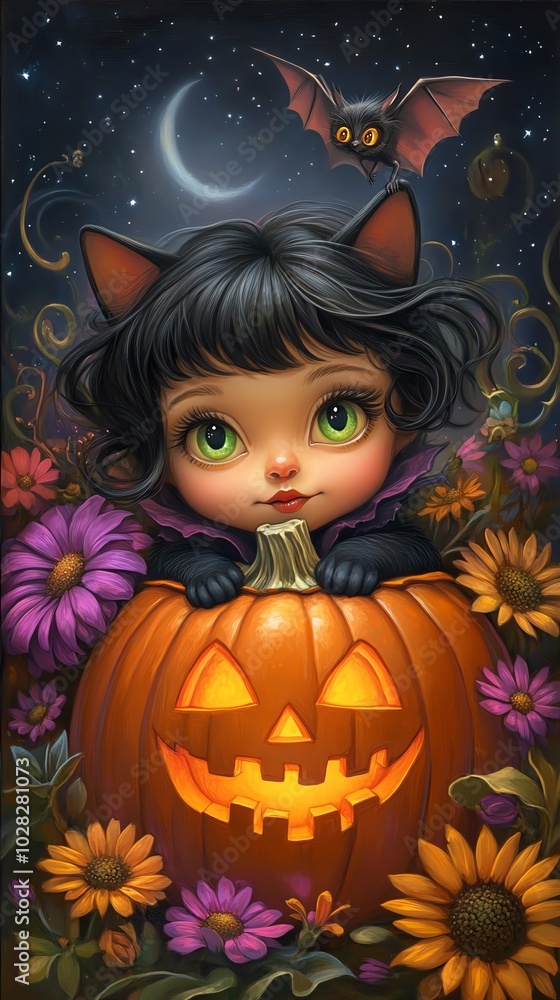 Fototapeta premium Cute girl with pumpkin and flowers, Halloween theme