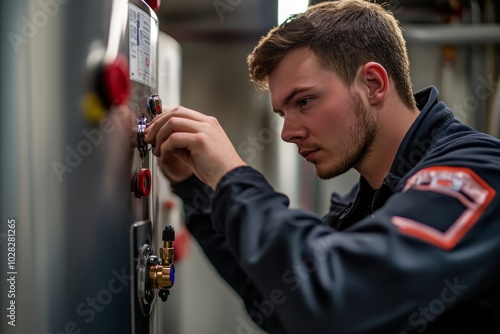 Worker Adjusting Temperature Of Water Heater, Generative AI