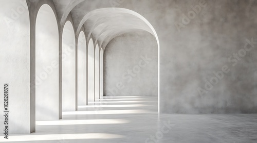 Minimalist White Arched Hallway with Sun Rays