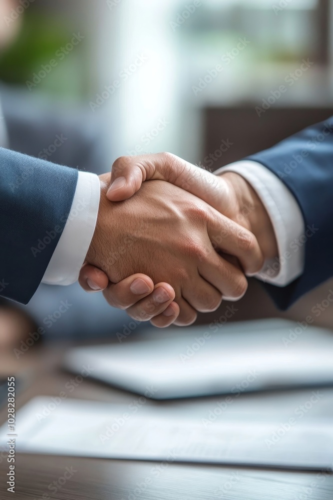 Young Businessman Shaking Hand With Candidate Over White Desk, Generative AI