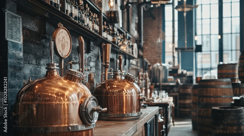 Naklejka premium Copper kettles in a rustic craft brewery, surrounded by wooden barrels aging beer, vintage decor enhancing the artisanal vibe