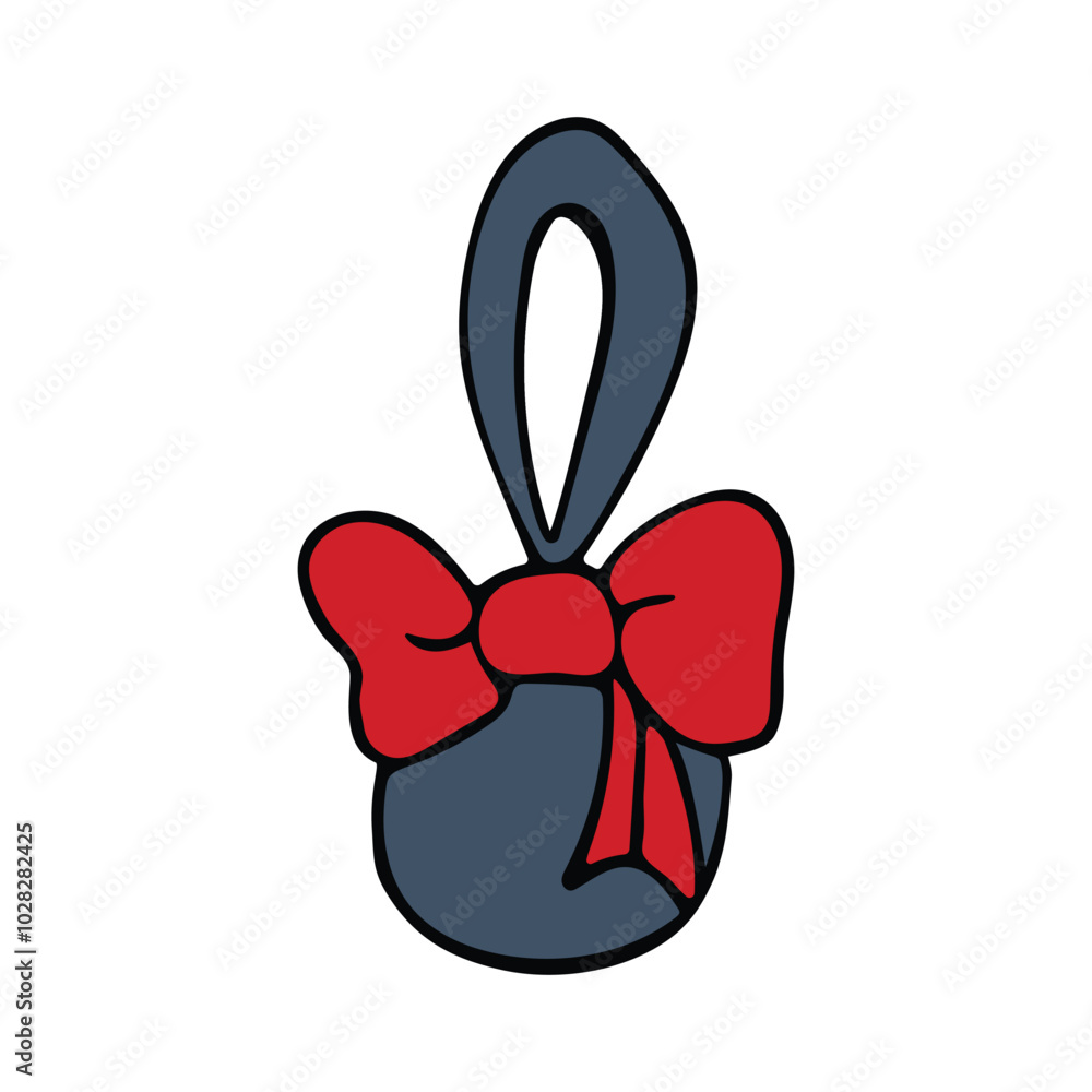A doodle illustration of a blue Christmas tree ball with a red bow on a white background. A doodle illustration of a blue Christmas tree ball with a red bow on a white background.
