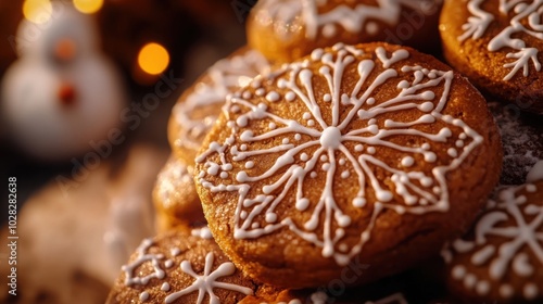 Close-up of Russian pryaniki (spice cookies) with intricate icing designs.