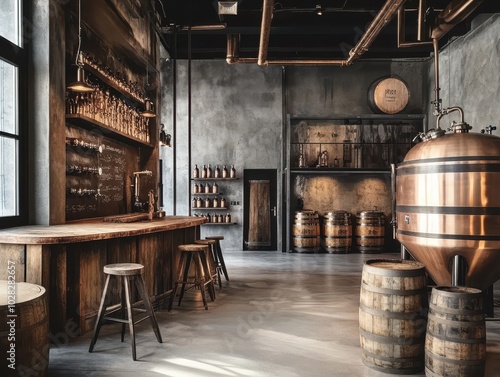 Industrial brewery interior with copper kettles, wooden barrels in the fermentation room, blending modern brewing techniques with a rustic atmosphere