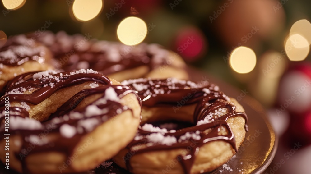 Close-up of Spanish rosquillos (Christmas ring cookies) drizzled with chocolate. Close-up of Spanish rosquillos (Christmas ring cookies) drizzled with chocolate.