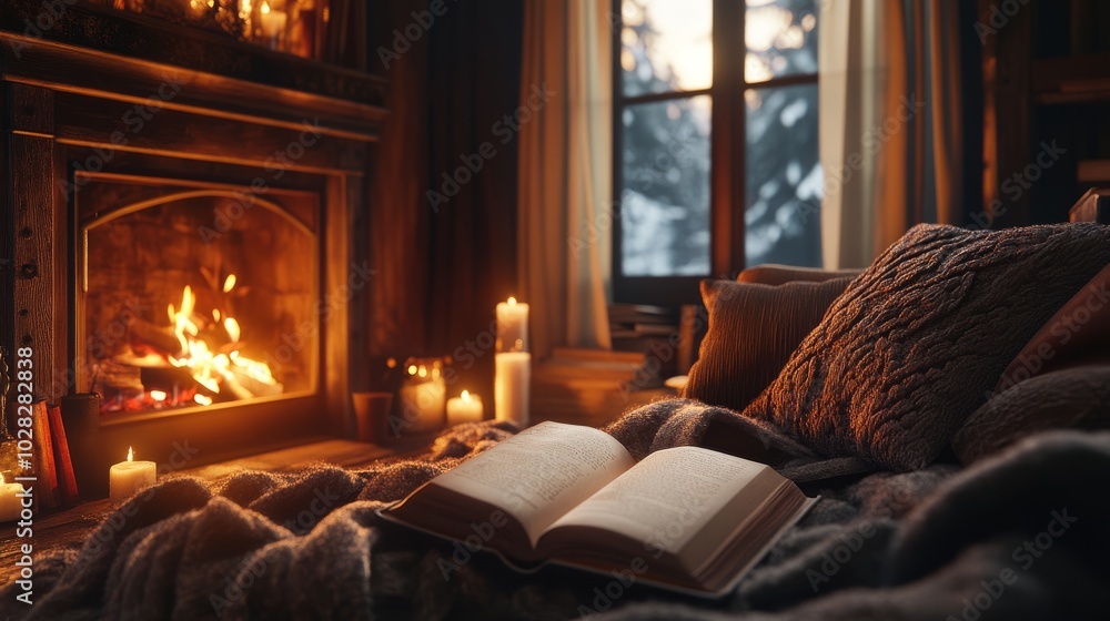 A serene winter nook with a roaring fire, plush pillows, lit candles, and an open book on a cozy armchair A serene winter nook with a roaring fire, plush pillows, lit candles, and an open book on a cozy armchair